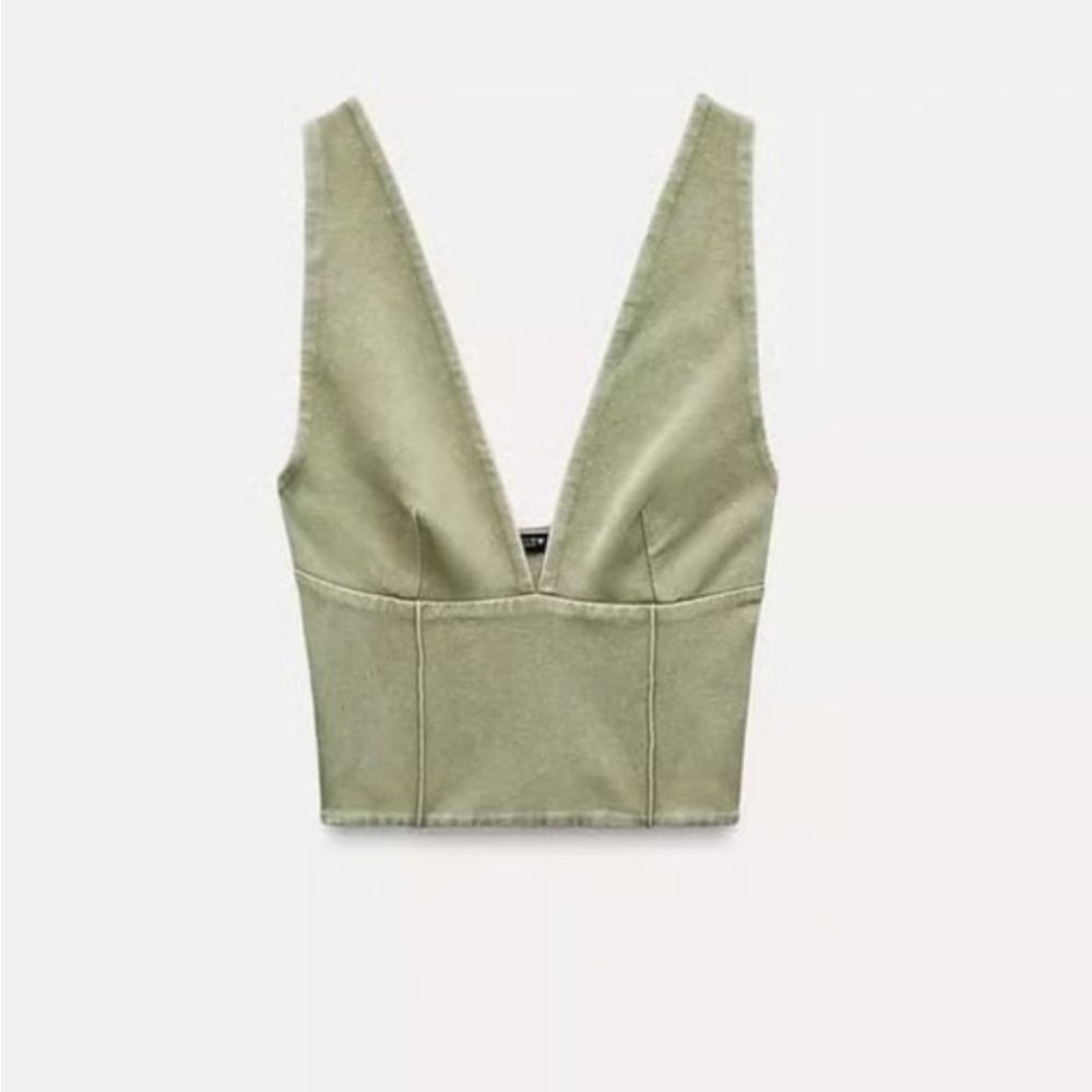 Zara Olive Green Sleeveless V-Neck Top